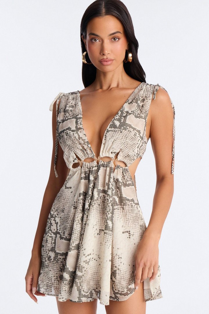 Mila Snake Print Chiffon A Line Mini Dress - Grey/combo