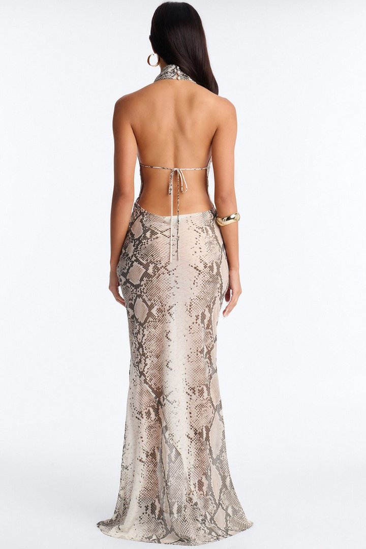 Mila Snake Print Chiffon Cowl Neck Maxi Dress - Grey/combo