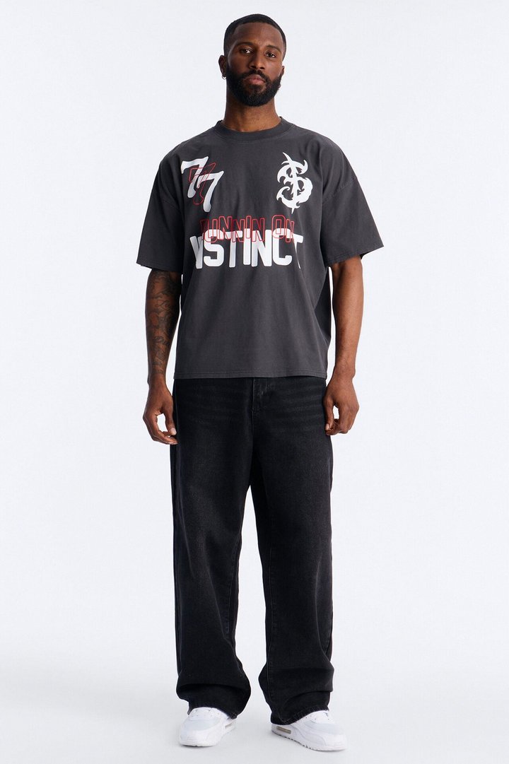Runnin On Instinct 777 Vintage Boxy Short Sleeve Tee - Black Wash