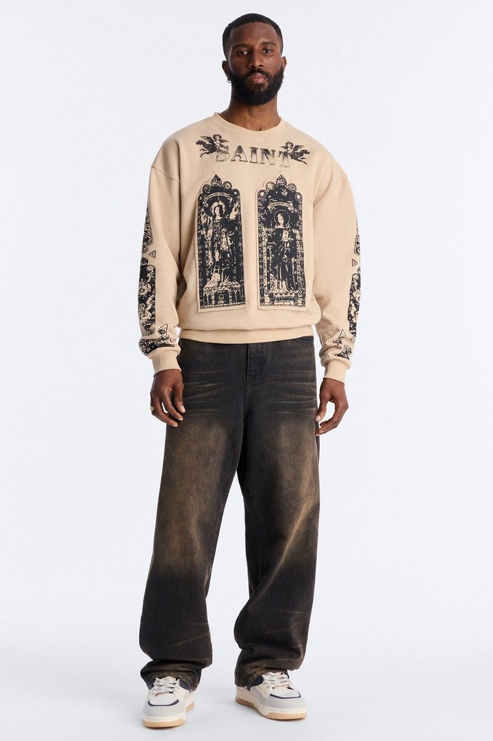 Saint Message Patched Crewneck Sweatshirt - Taupe