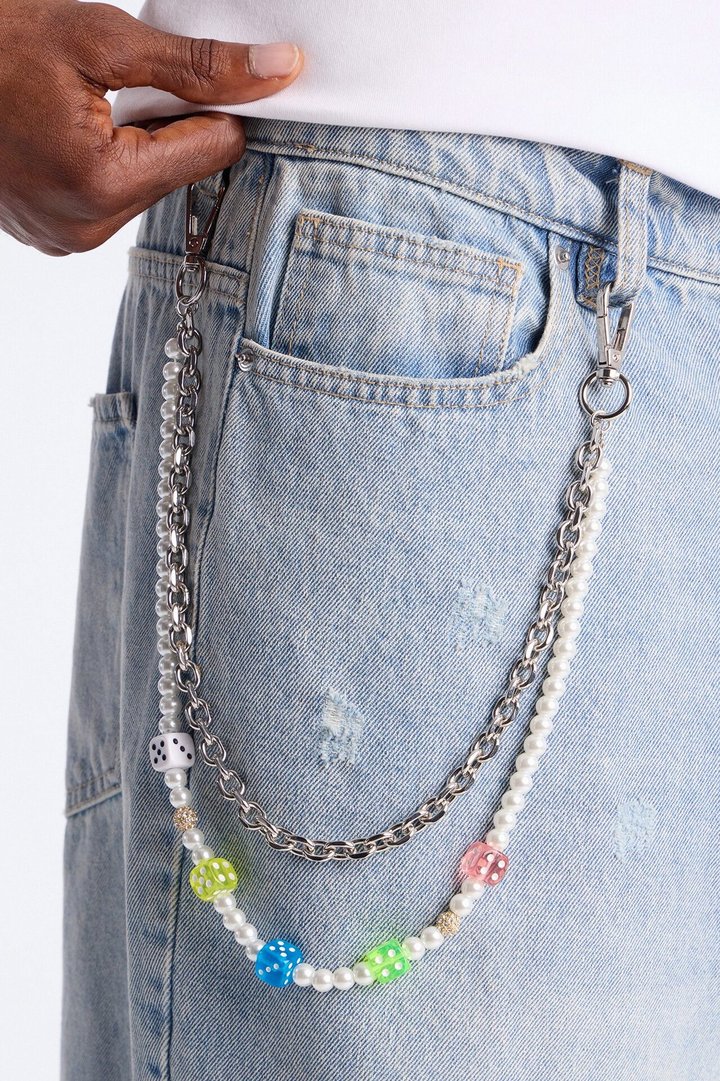 Colored Dice Pearl Stacked Pant Chain - Silver
