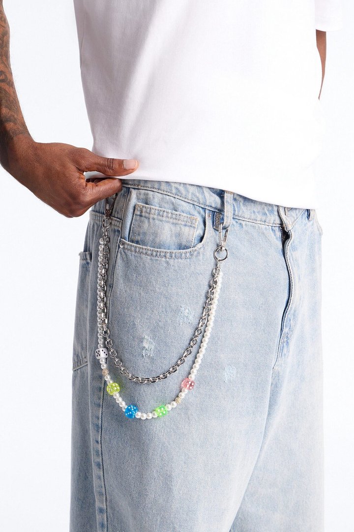 Colored Dice Pearl Stacked Pant Chain - Silver