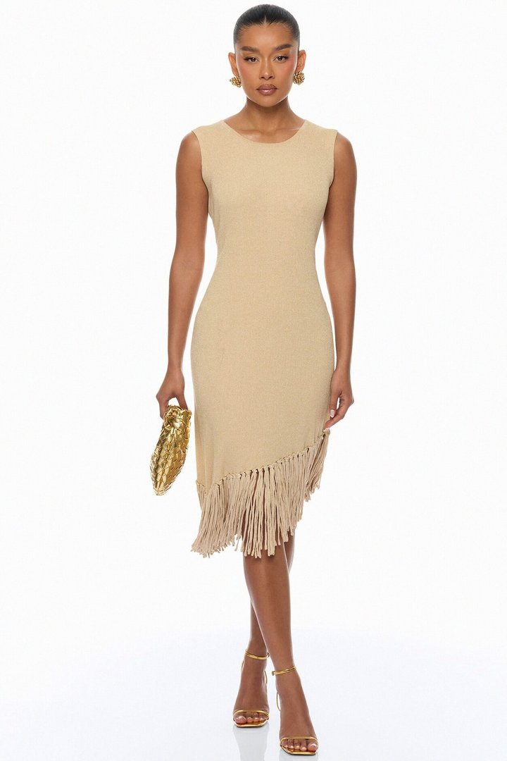 Mariah Fringe Metallic Knit Midi Dress - Gold