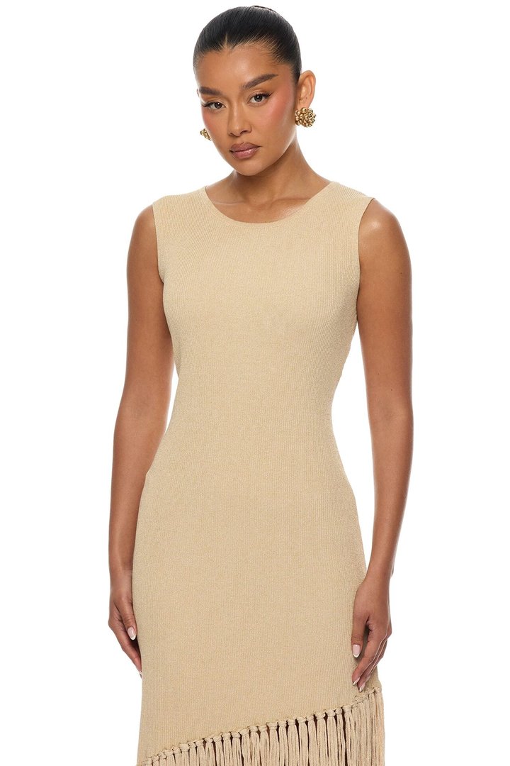 Mariah Fringe Metallic Knit Midi Dress - Gold