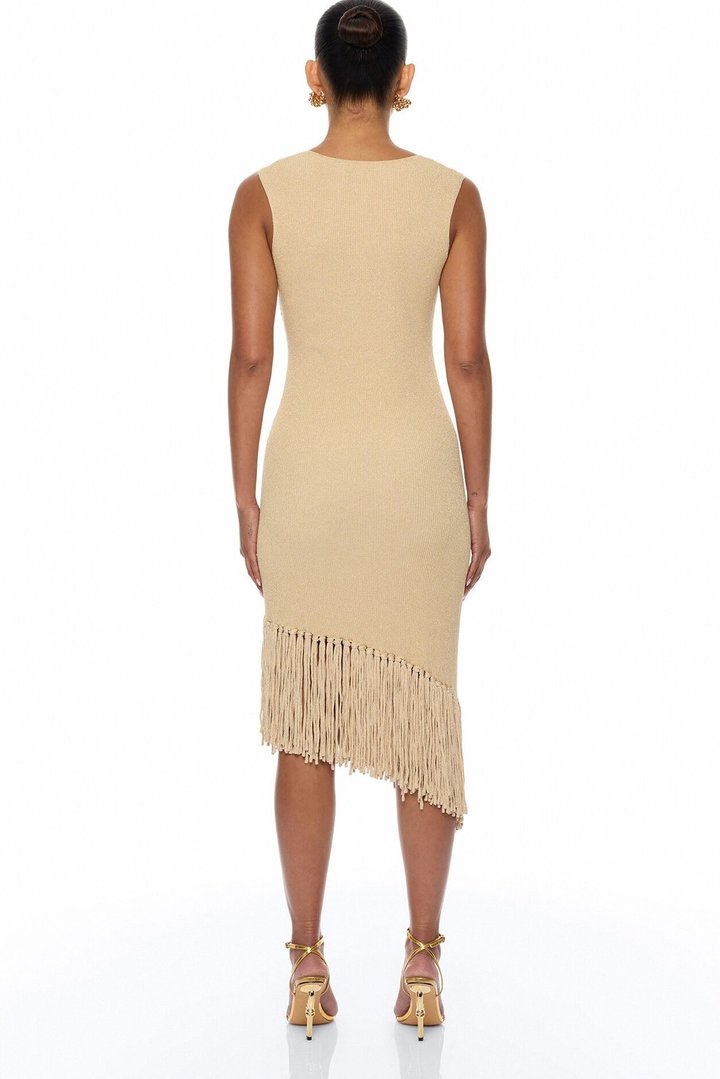 Mariah Fringe Metallic Knit Midi Dress - Gold