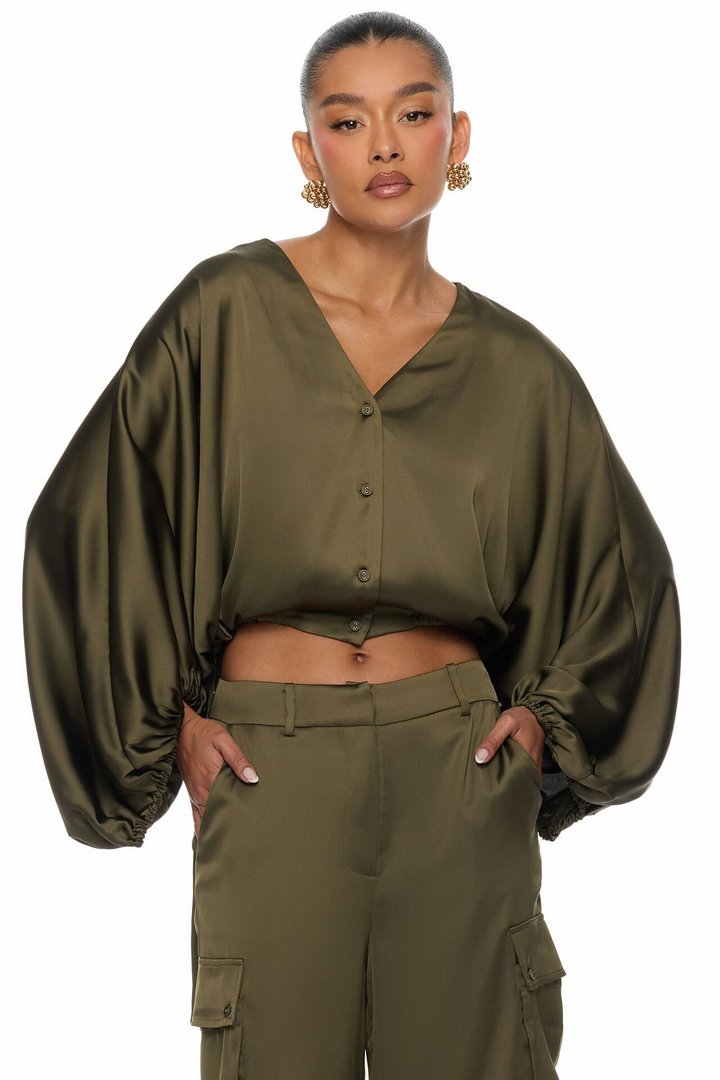 Priya Cargo Satin Pant Set - Olive