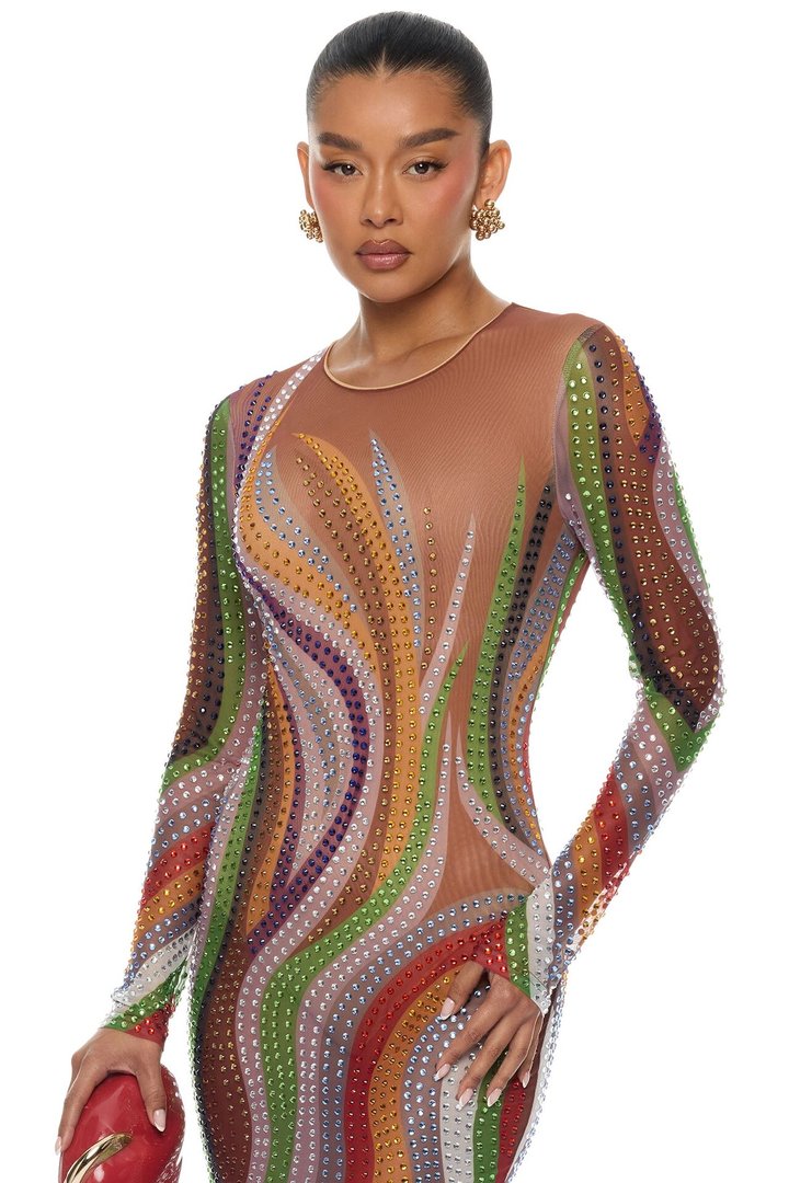 Zarah Long Sleeve Rhinestone Midi Dress - Multi Color