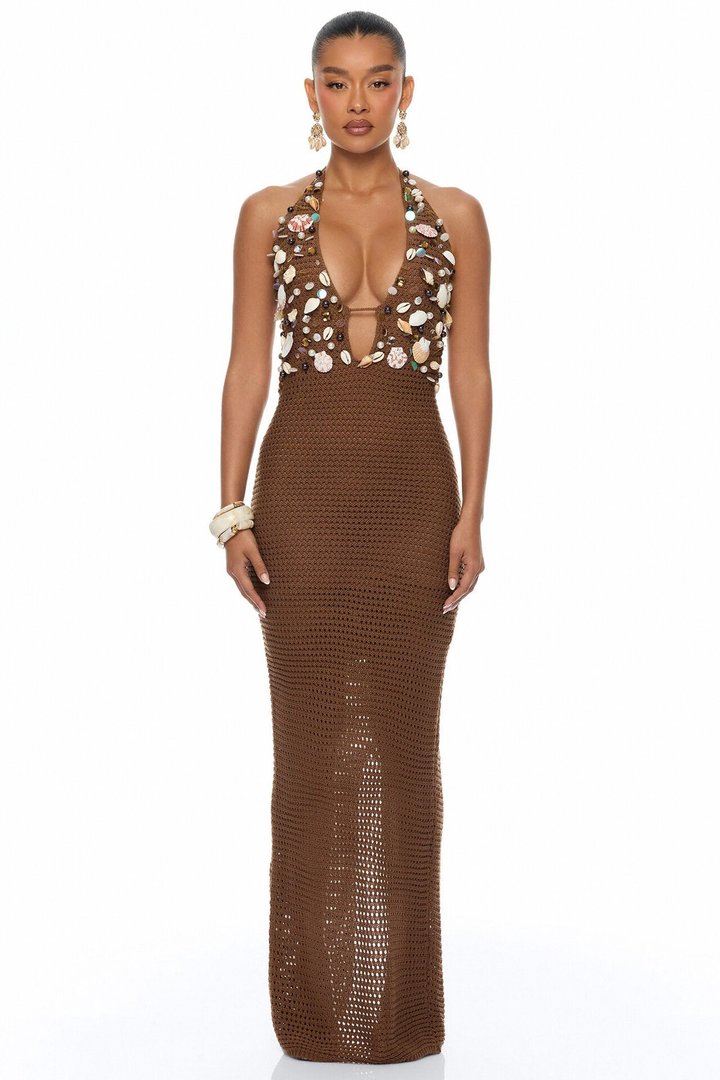 Seaside Sparkle Crochet Maxi Dress - Chocolate