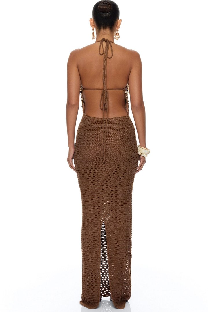 Seaside Sparkle Crochet Maxi Dress - Chocolate
