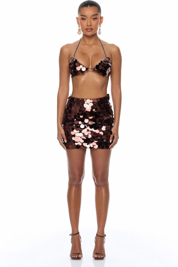 Mermaid Dreams Embellished Sequin Micro Mini Skirt Set - Brown