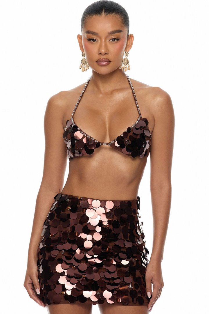 Mermaid Dreams Embellished Sequin Micro Mini Skirt Set - Brown