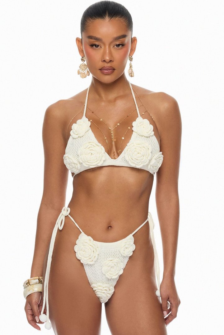 Island Living Floral Applique 3 Piece Crochet Sunsuit Set - Ivory