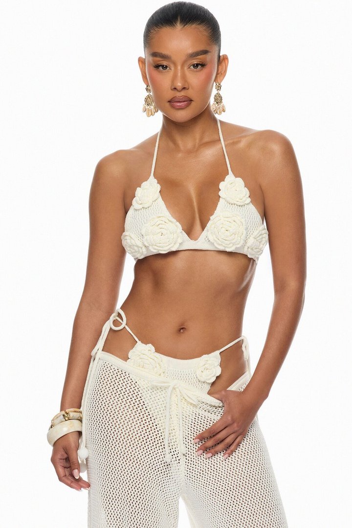 Island Living Floral Applique 3 Piece Crochet Sunsuit Set - Ivory