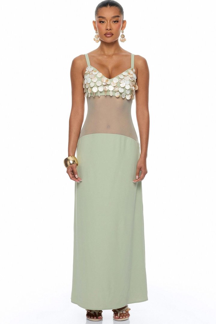 Coastal Chic Shell Maxi Dress - Sage