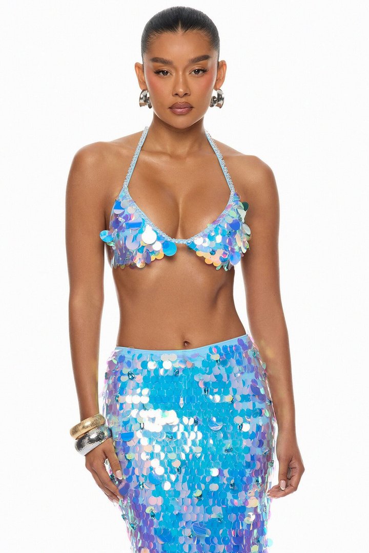 Mermaid Dreams Embellished Sequin Skirt Set - Blue