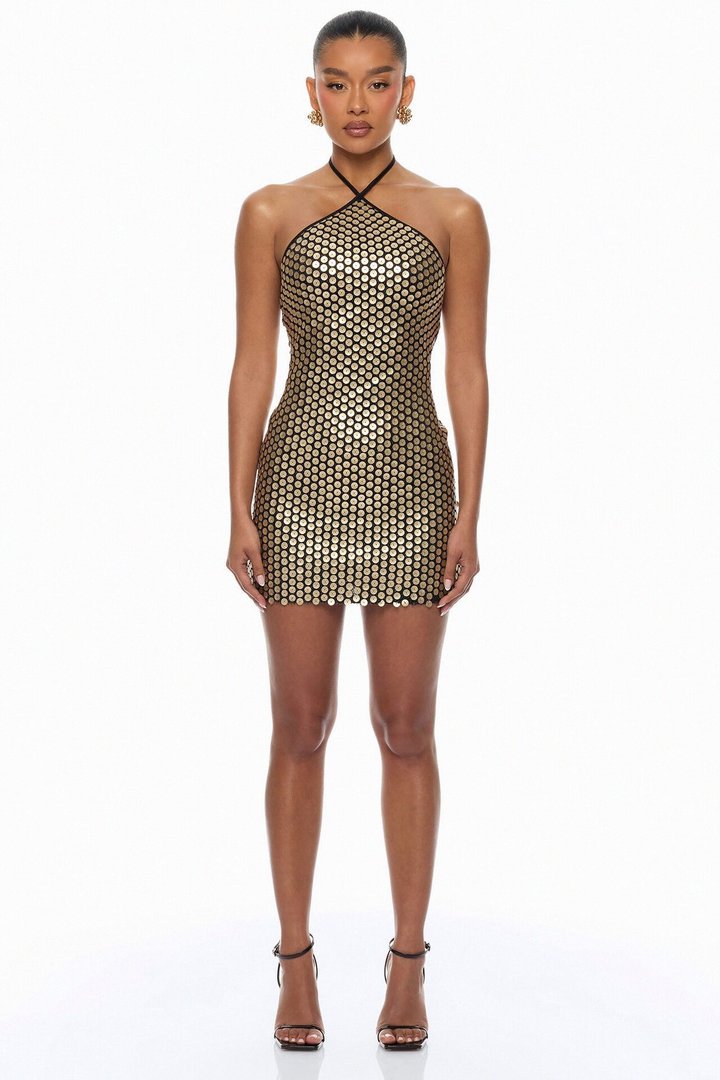 Kiora Halter Sequin Mini Dress - Black/Gold