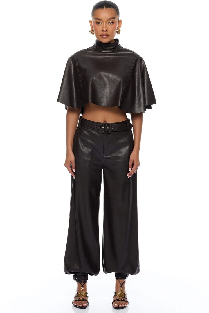 City Streets Faux Leather Balloon Pant Set - Chocolate