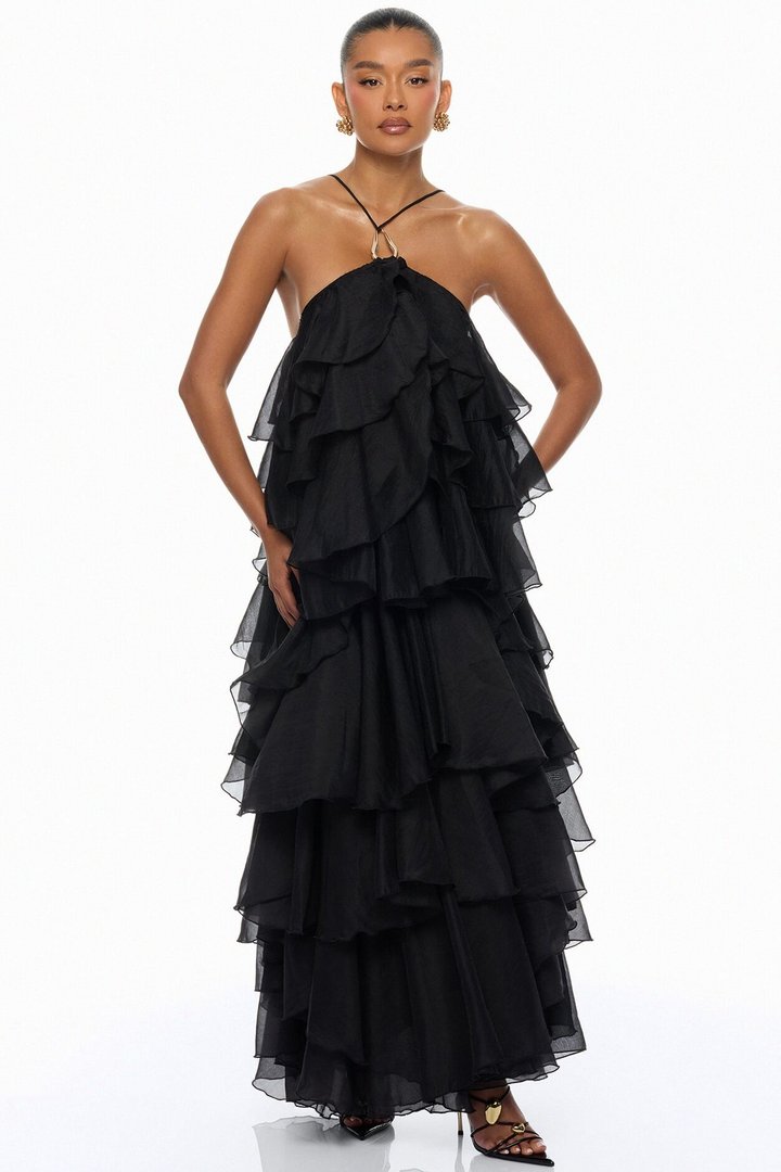 Lylah Ruffle Chiffon Maxi Dress - Black