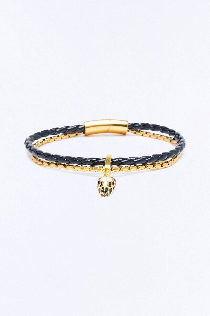 Serpent Dual Chain And Cord Bracelet - Black/Gold