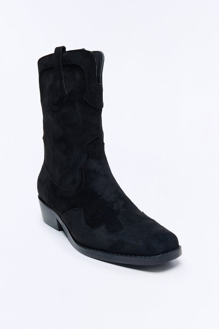 Western Faux Suede Pull On Cowboy Boots - Black