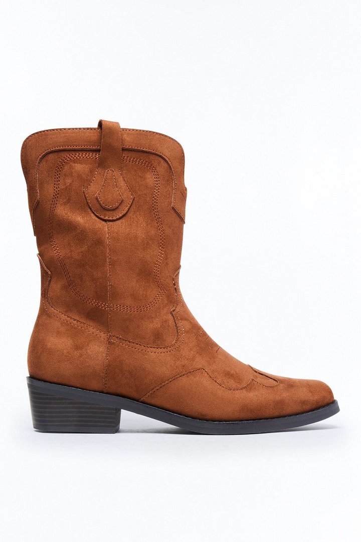 Western Faux Suede Pull On Cowboy Boots - Brown