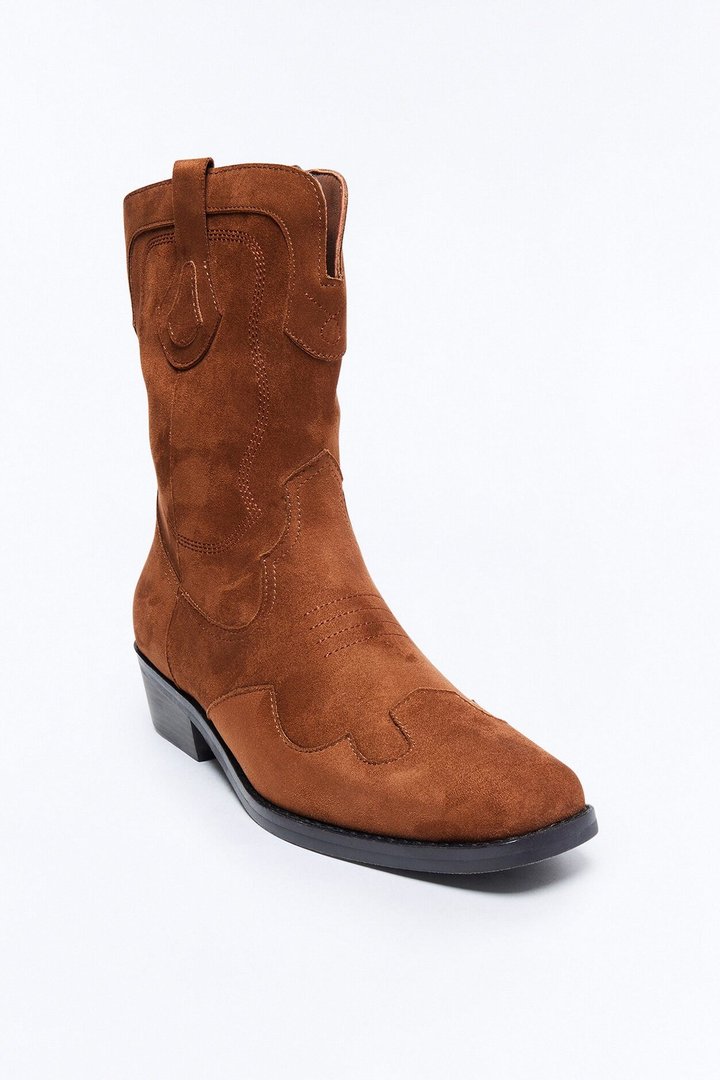 Western Faux Suede Pull On Cowboy Boots - Brown