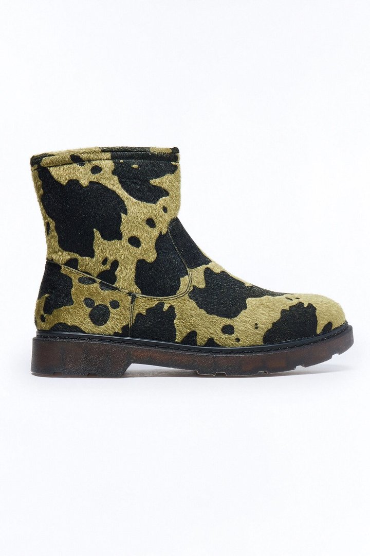 Cow Print Faux Pony Hair Slip On Mid Ankle Boots - Olive/combo