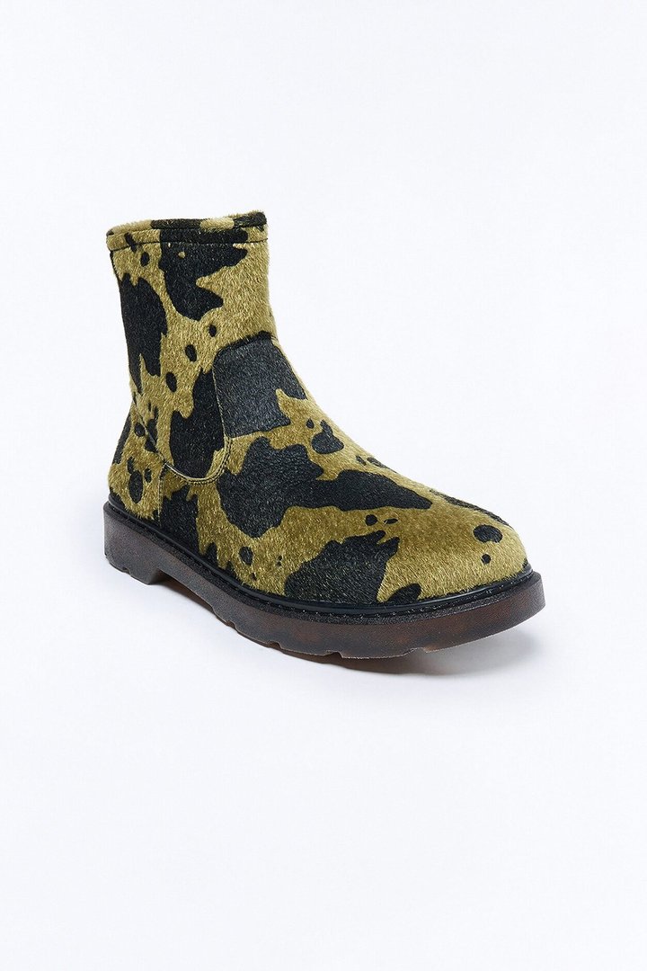 Cow Print Faux Pony Hair Slip On Mid Ankle Boots - Olive/combo