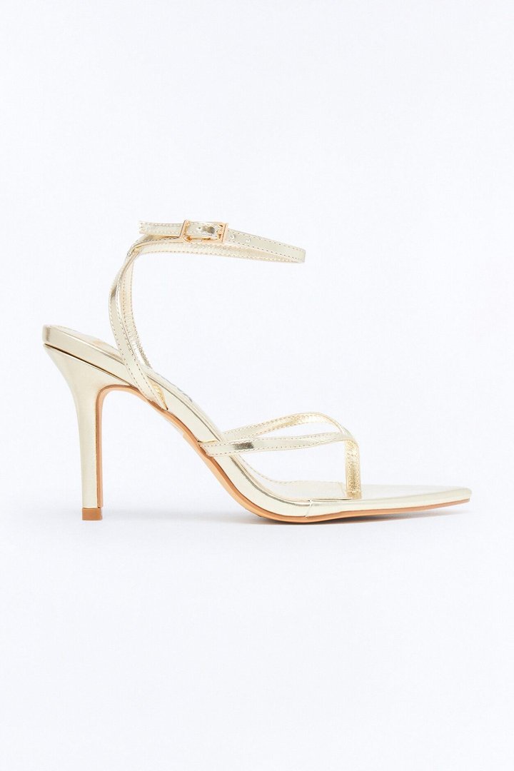 Strappy Ankle Wrap Thong Heels - Gold