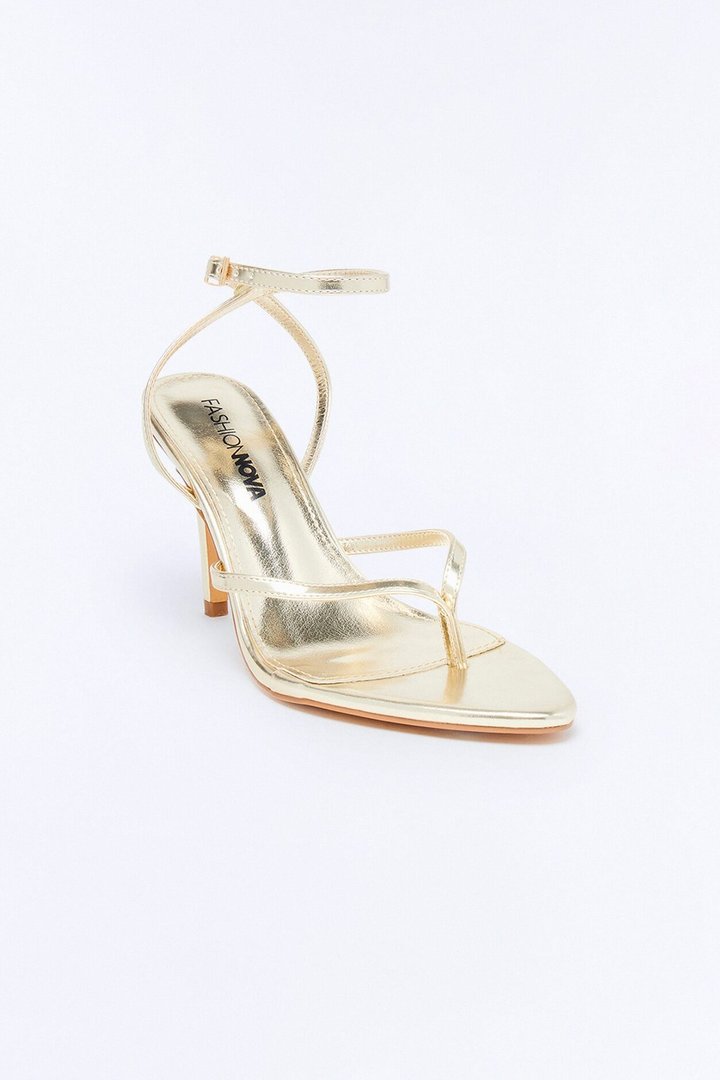 Strappy Ankle Wrap Thong Heels - Gold