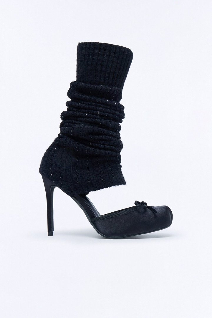 Honora Leg Warmer Satin Ballet Pumps - Black
