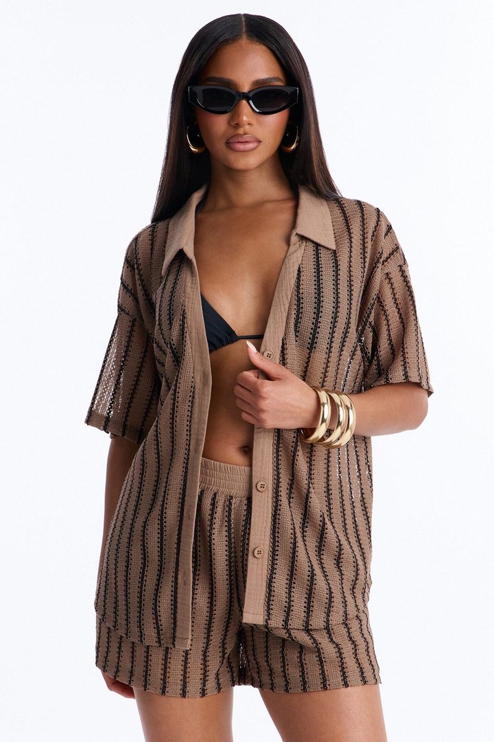 Azura Striped Crochet Short Set - Brown