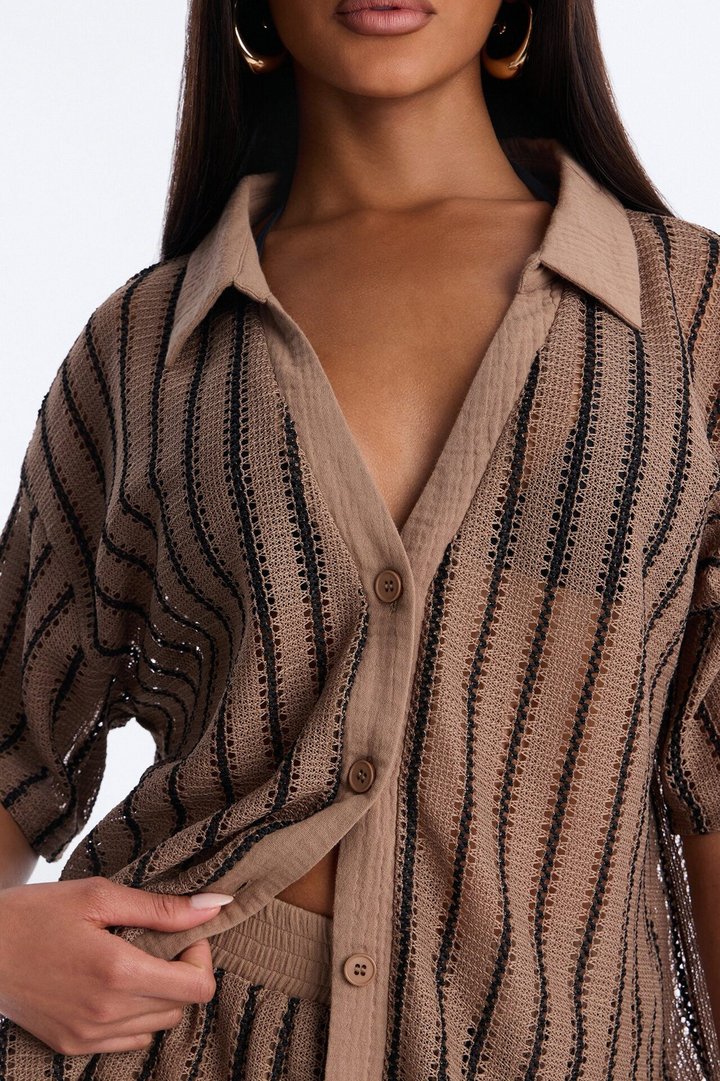 Azura Striped Crochet Short Set - Brown