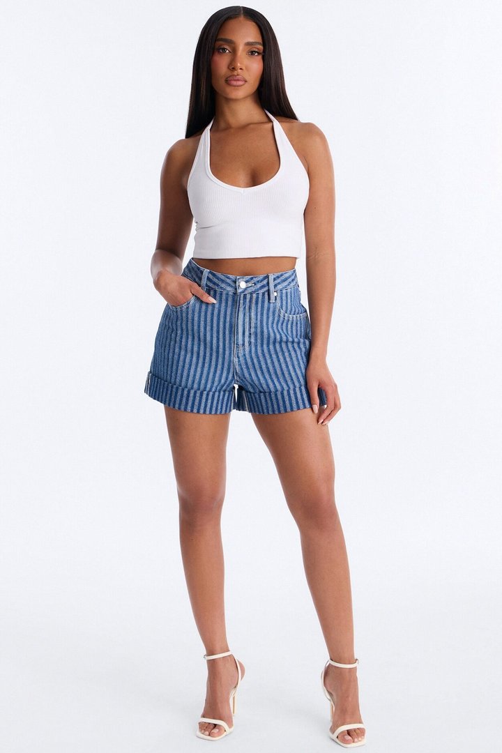 Grand Finish Striped Cuffed Denim Shorts - Medium Wash