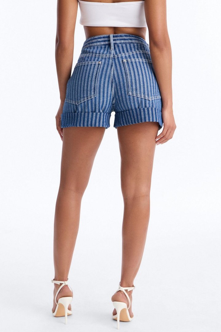 Grand Finish Striped Cuffed Denim Shorts - Medium Wash