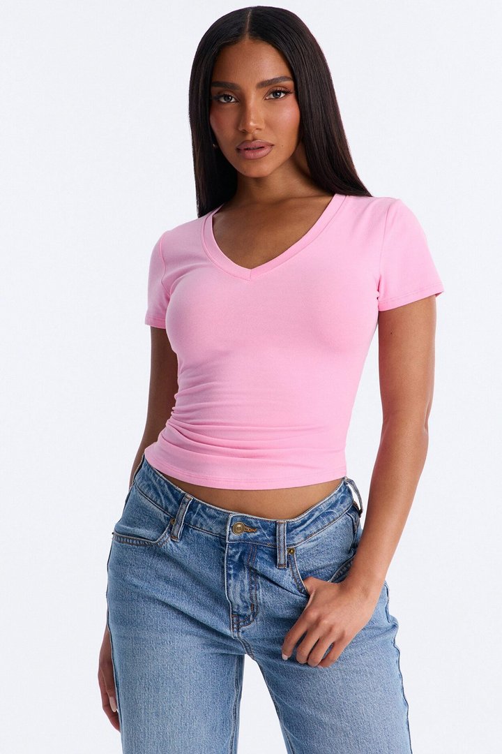 Darlene Basic V Neck Top - Pink