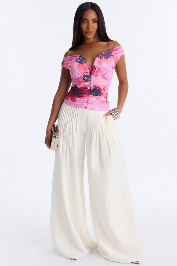 Elise Floral Mesh Ruched Off Shoulder Top - Pink/combo