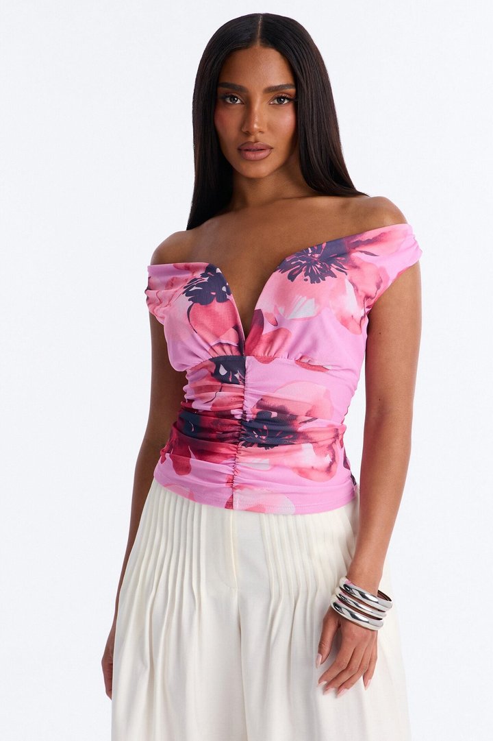Elise Floral Mesh Ruched Off Shoulder Top - Pink/combo