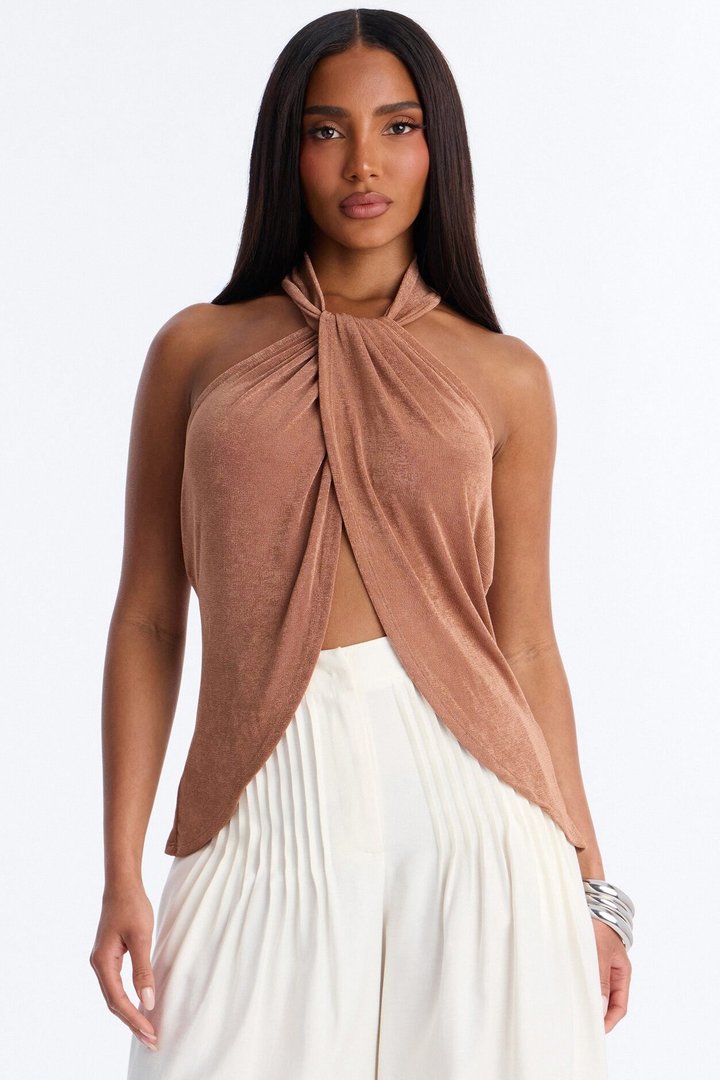 Your Desire Ruched Halter Flyaway Top - Mocha