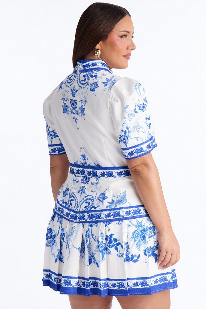 Arlette Short Sleeve Belted Mini Dress - Blue/combo