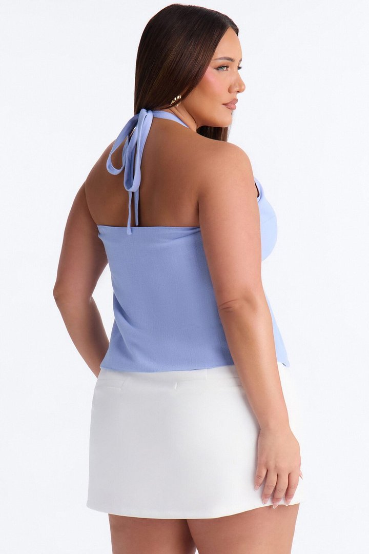 Snack First Wrap Over Linen Halter Top - Dusty Blue