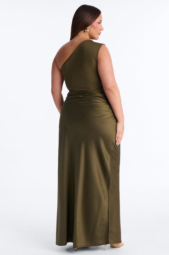 City Nights One Shoulder Satin Maxi Dress - Olive