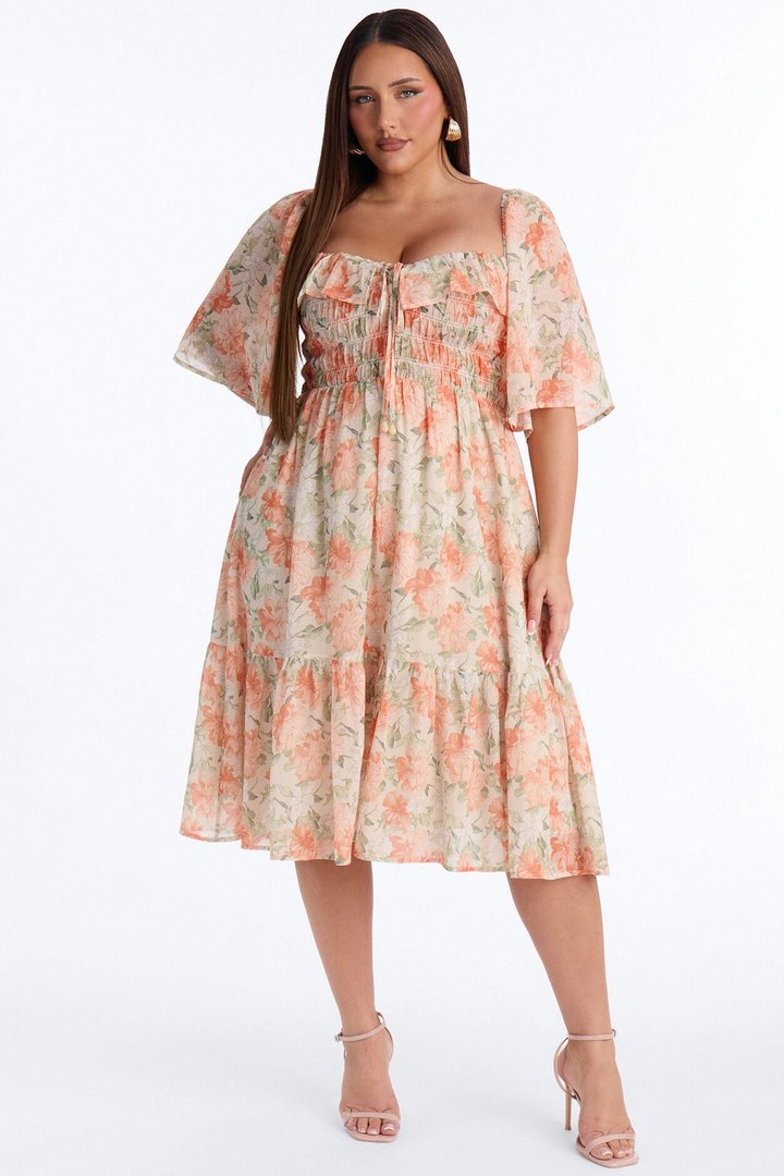 Christina Floral Chiffon Midi Dress - Orange/combo