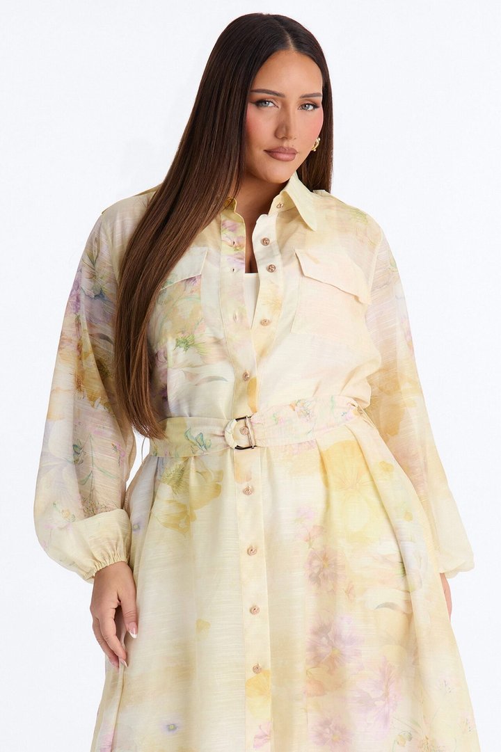 Ilaria Belted Floral Midi Dress - Yellow/combo