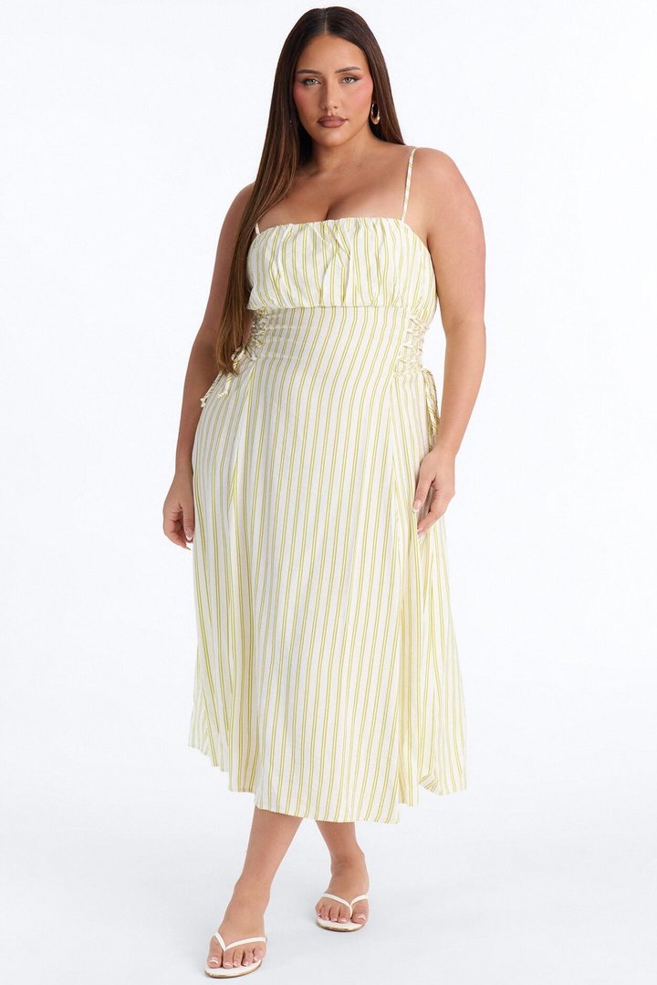 Claire Lace Up Pinstripe Midi Dress - Sage/combo
