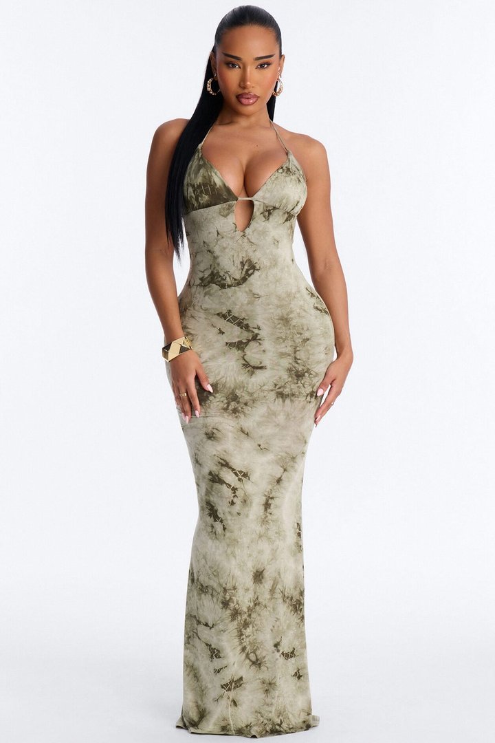 Out The Way Halter Maxi Dress - Olive
