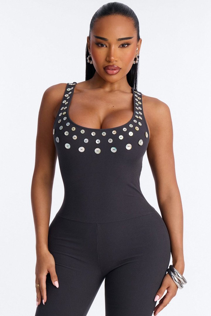 Rio Ribbed Flare Leg Jumpsuit - Charcoal