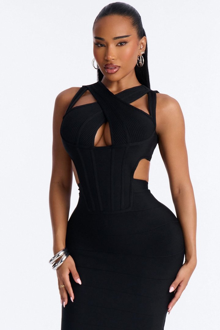 Center Of Attention Cut Out Bandage Midi Dress - Black
