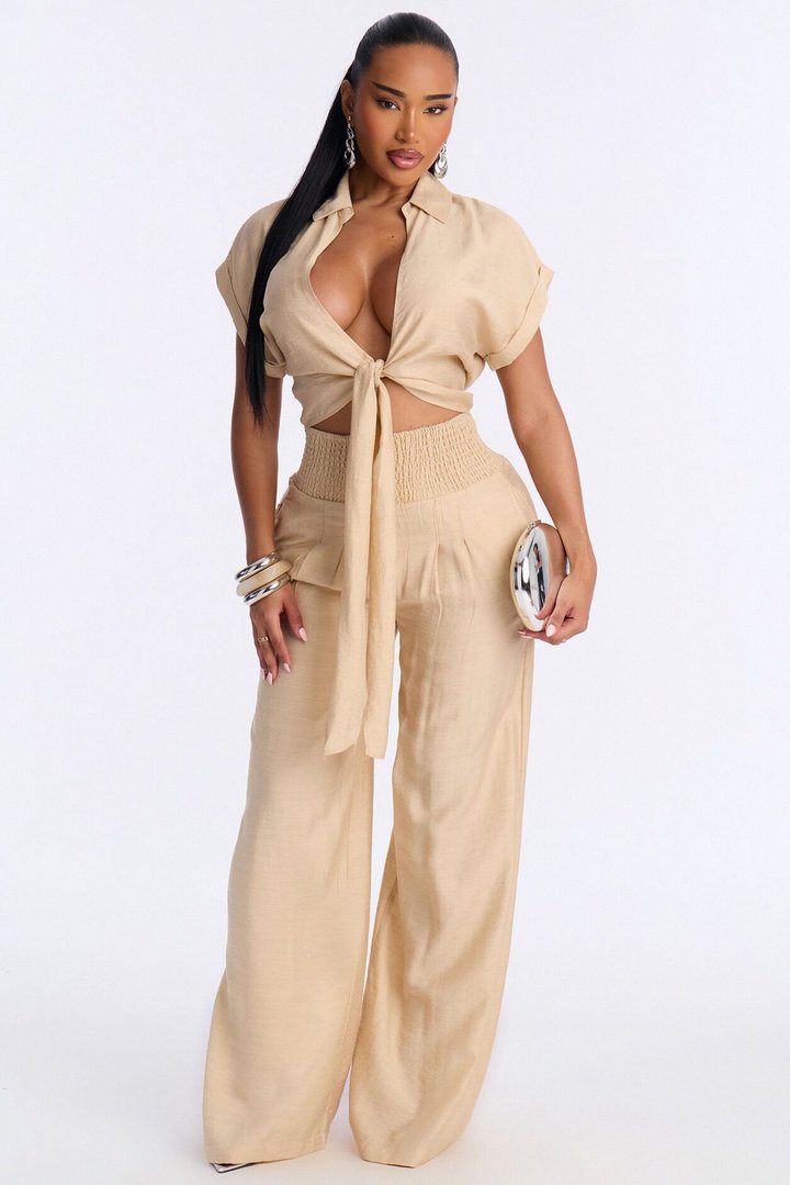 Elena Linen Wide Leg Pant Set - Natural