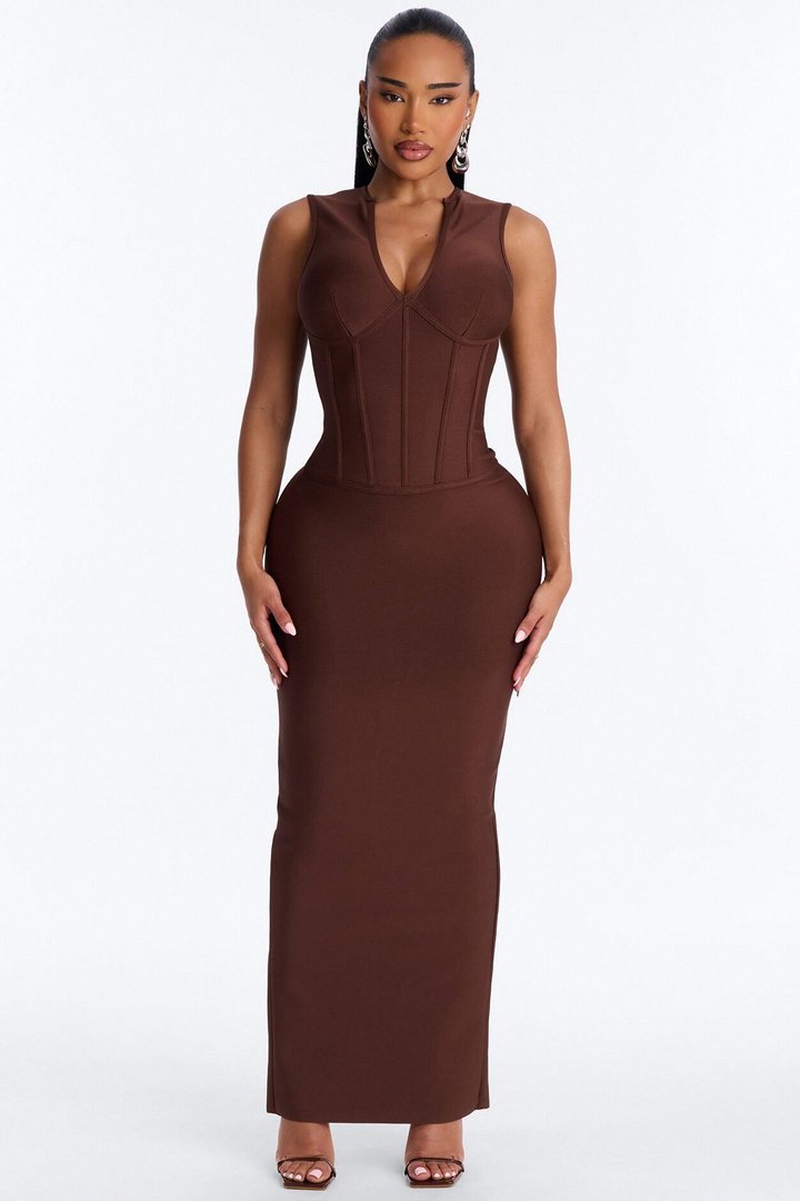 Courtney Corset Waist Bandage Maxi Dress - Chocolate